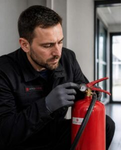 Técnico de ATOFIRE revisando un extintor